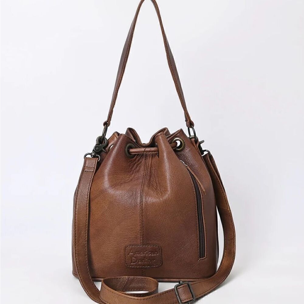 New Western Woven Thunderbird Leather Bucket Handbag Womens Drawstring Purse - Picture 5 of 8